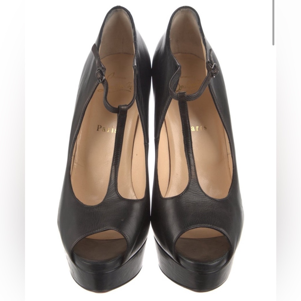 Christian Louboutin Black Leather T-Strap Peep Toe Platform Pumps
